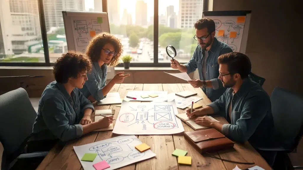 Equipo de profesionales colaborando en una mesa de madera, analizando esquemas de estrategias de marketing digital, SEO y experiencia de usuario